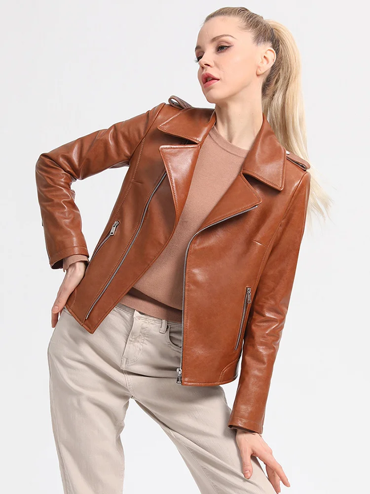 Women Short Sheepskin New Coat Spring Autumn Fashion Soft Turn-down Collar Long Sleeve Genuine Leather Jacket Slim Outerwear