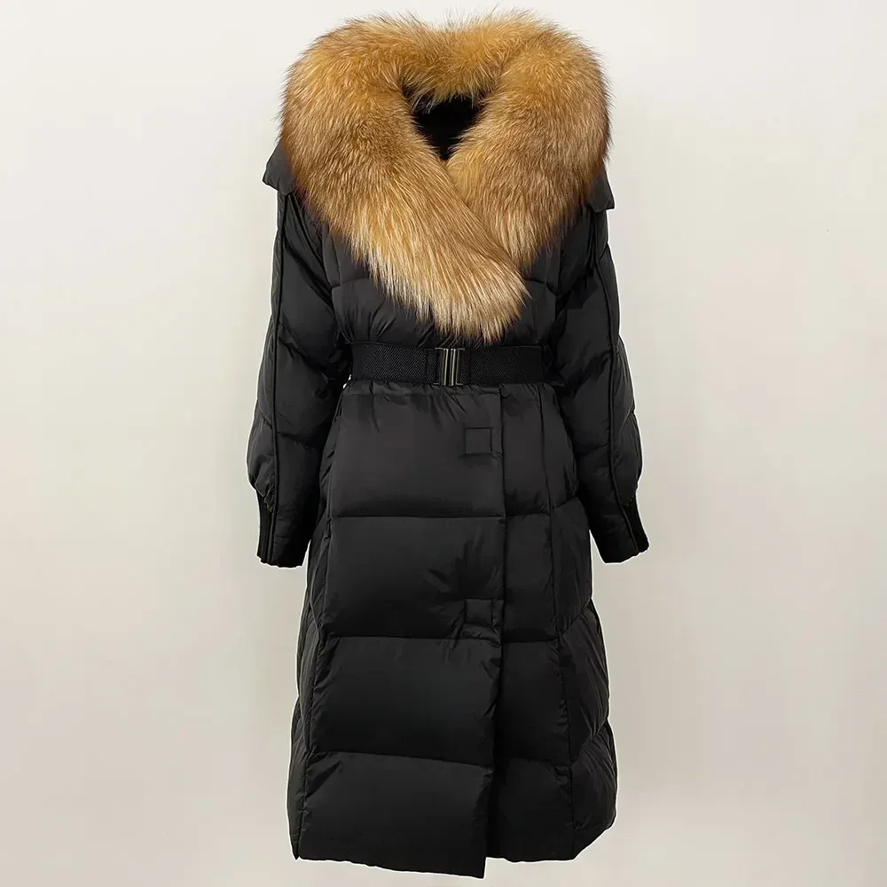 White Goose Down Coat Real Raccoon Fox Fur Collar Long Natural Jacket Belt Women 2024 Winter Thick Warm Casual Outerwear