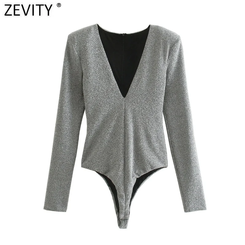 Zevity Women Sexy V Neck Metal Color Slim Bodysuits Lady Chic Shoulder Padded Back Zipper Club Party Playsuits Rompers LS9930