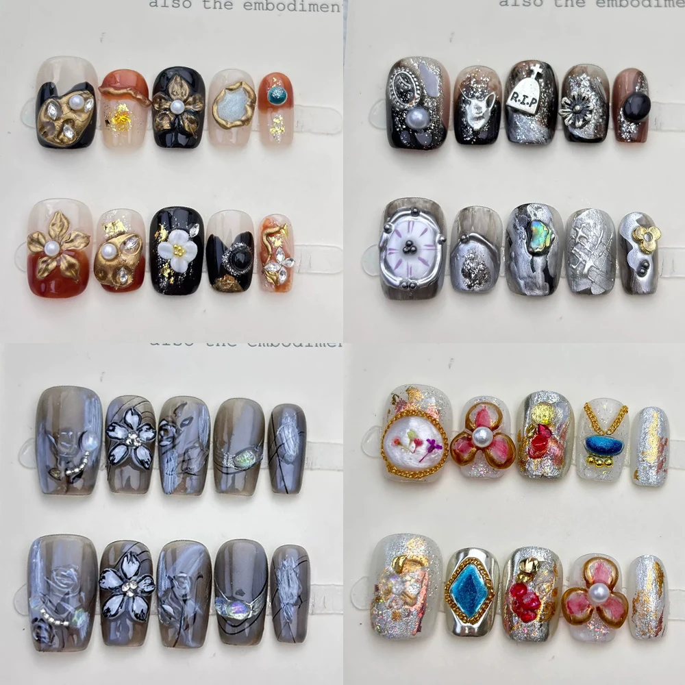 

10Pc Cute Light Luxury Short Square Ellipse Shape Handmade Press On Nails Cateye Pearl Full Cover Flower Design False Nails Gift