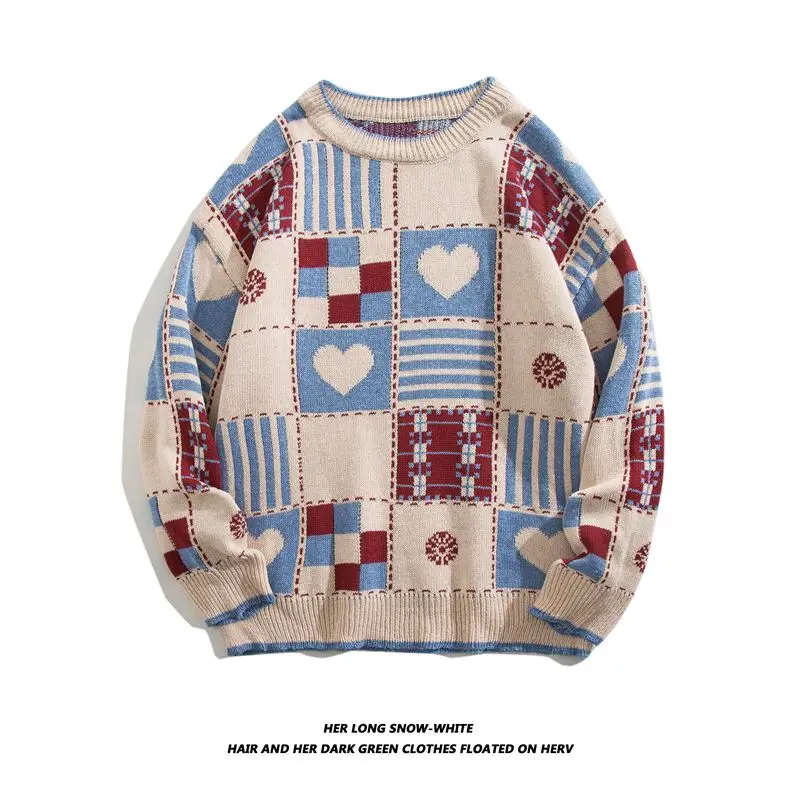

American Retro Plaid Heart Ins Versatile Thiened Knitted Sweater Red Autumn Winter Lazy Couple Outerwear Casual Polyester F...