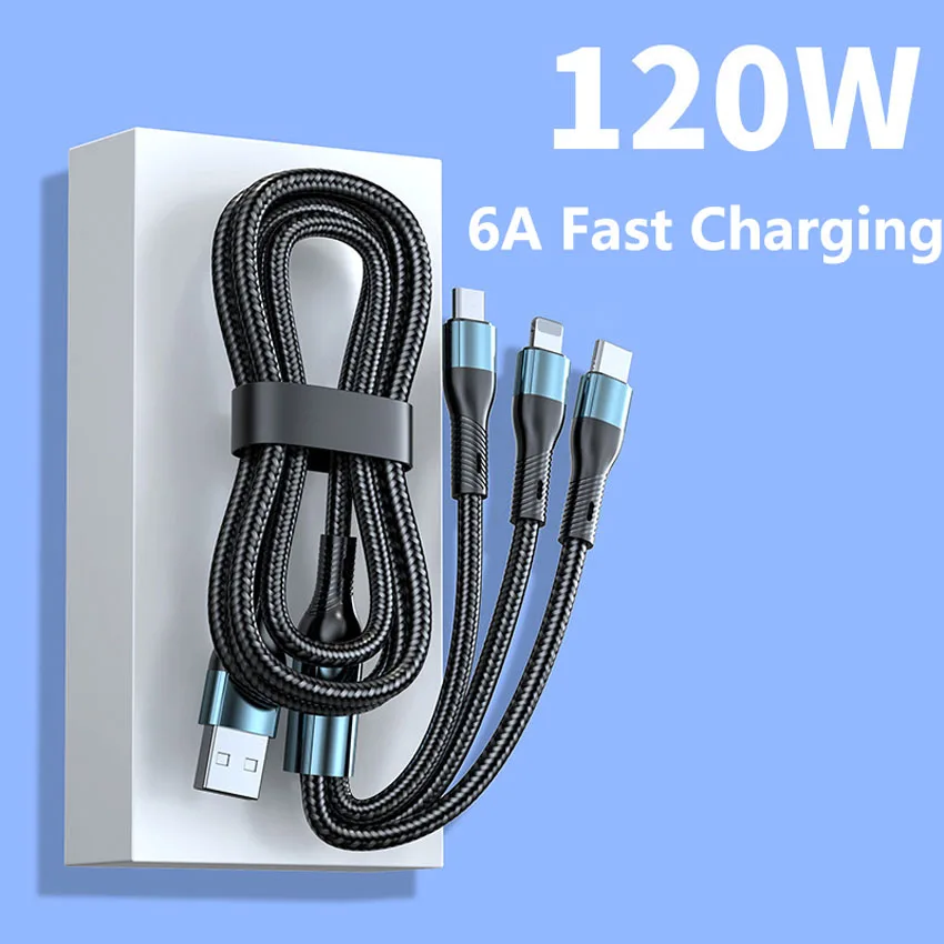 1Pc 120w Charger Cable Data Cable Three-in-One Super Fast Charging Vehicle-mounted One Drag Three Type-C/Android/Apple phone