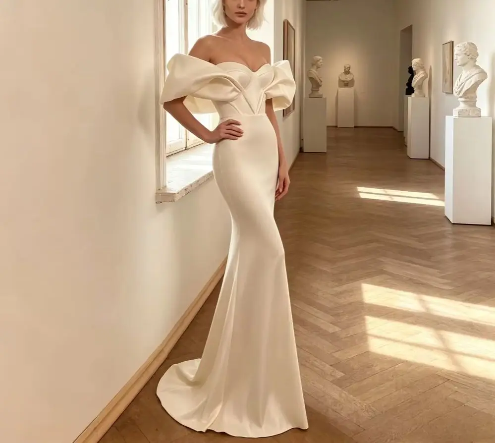 Customized Satin Off Shoulder Mermaid Lantern Sleeve Wedding Dresses 2026 Sweetheart Slim Fit Bridal Gown Suitable for Parties