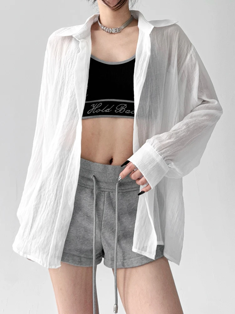 เสื้อคลุมกันแดดผู้หญิง แขนยาว ทรงหลวม สไตล์ลำลอง สำหรับฤดูร้อน สีขาว ผ้าผสมโพลีเอสเตอร์และคอตตอน เหมาะสำหรับใส่เดินทางหรือทำงาน