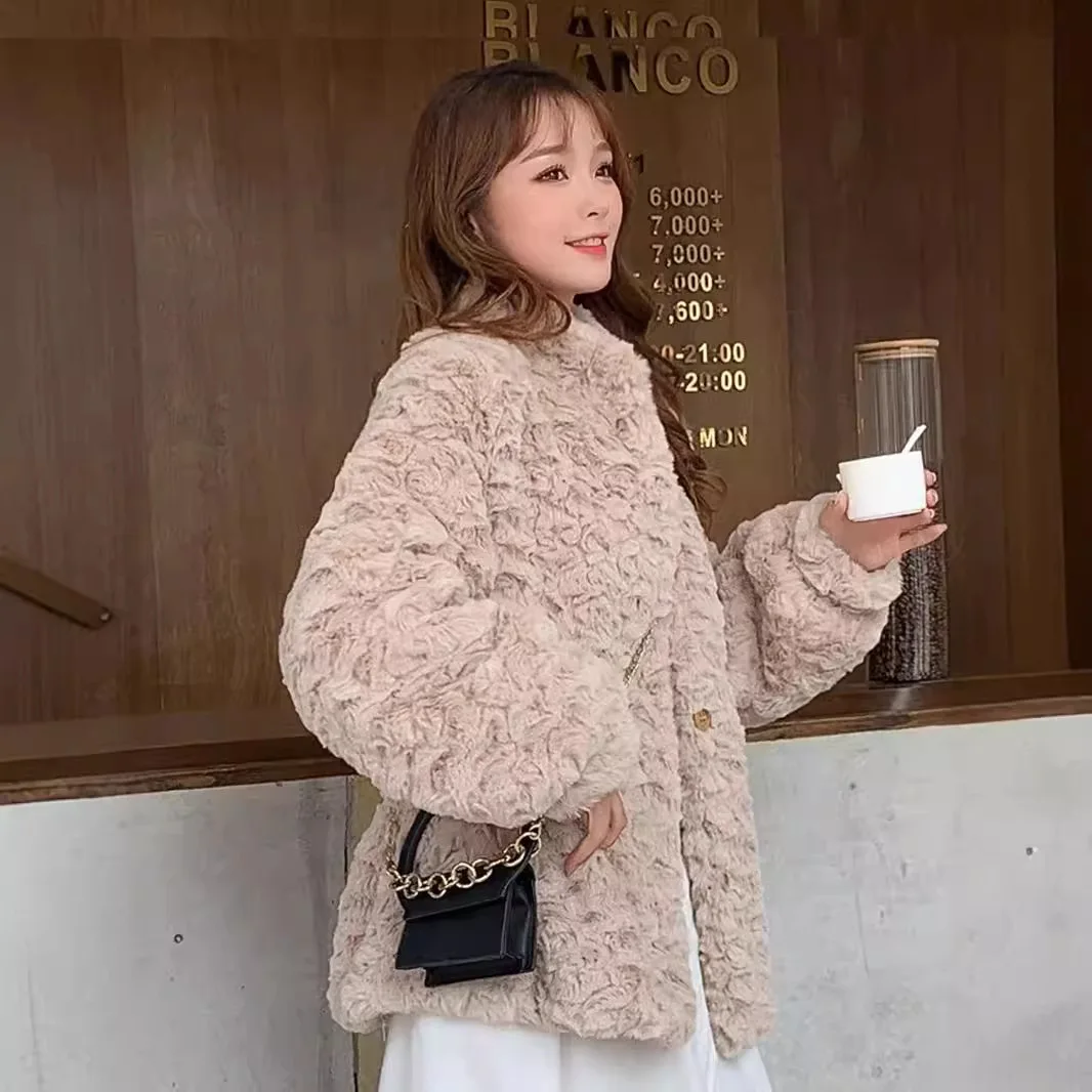 معاطف نسائية قصيرة متينة سترات من فرو الأرنب الصناعي بياقة واقفة وأكمام طويلة واحدة الصدر فضفاضة أنيقة غير رسمية لخريف وشتاء 2025