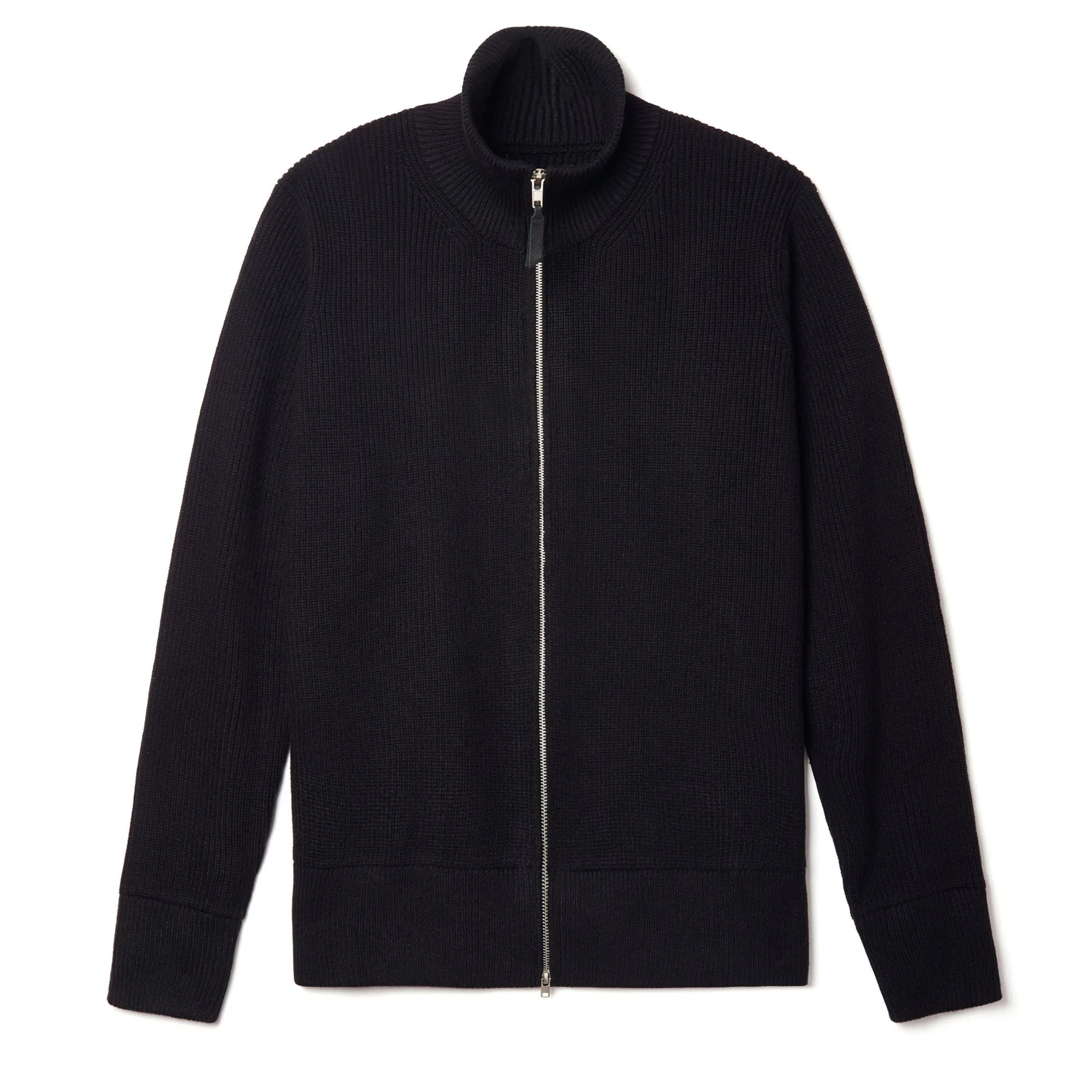 

Hand Sewn Four Cornered Black High Neck Stand Up Collar Wool Double Zipper Knitted Cardigan Sweater for Men Jacket