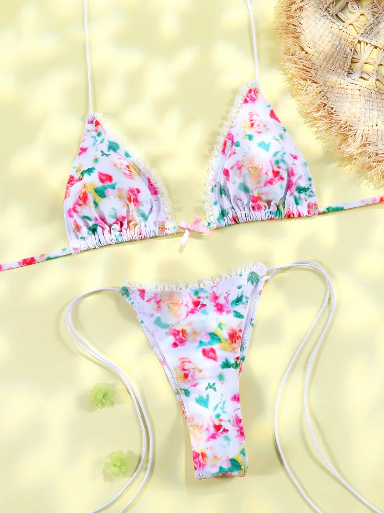 Bow Swimsuit Floral Bikini Ruffle Swimwear Women Bandage Bathing Suit Triangle Biquini Micro Thongs Women\'s two-piece swimsuit