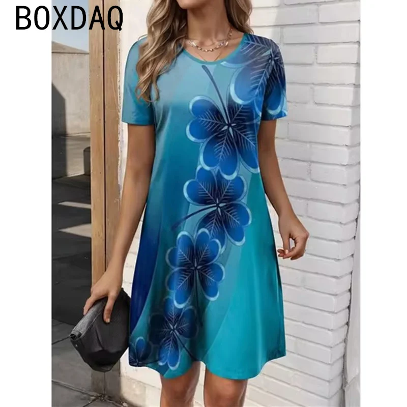 Elegant Retro 3D Floral Casual Dress Summer Short Sleeve O-Neck Casual Loose A-line Dress Big Size Female Beach Vacation Dress