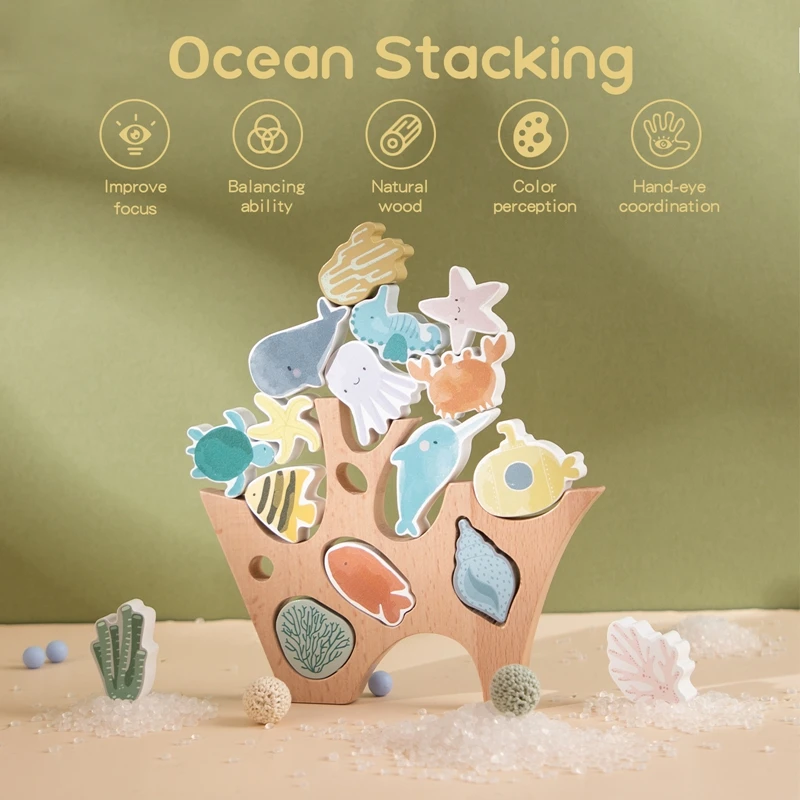 Wooden Ocean Stacking Toys  Baby Marine Animal Cognition Toys Stacked Toys In Natural Wood Shapes Beautiful Home Decor Baby Gift