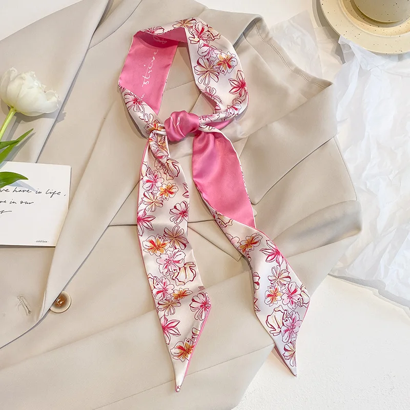 Pink Skinny Bag Ribbon Scarfs for Women 7*130cm Fashion Print Soft Satin Hairband Foulard Neckerchief Female Neck Tie Hair Scarf