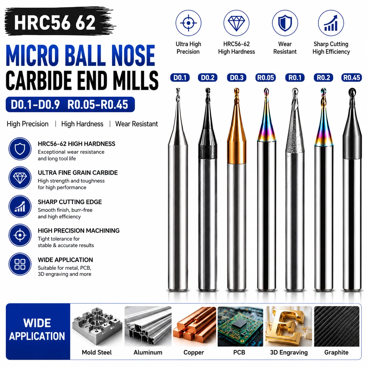

1PC Micro Ball Nose End Mill D0.1-D0.9 R0.05-R0.45 Carbide CNC Engraving Milling Cutter for PCB Metal Milling Tools Bits