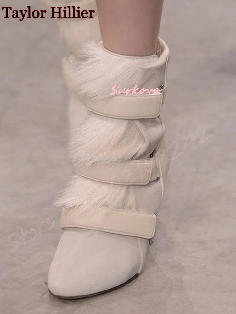 White Retro Fur Short Boots Round Toe Thick-Soled Wedge Heels Elegant Party Catwalk Winter Frosted Hook & Loop Women'S Shoes 46