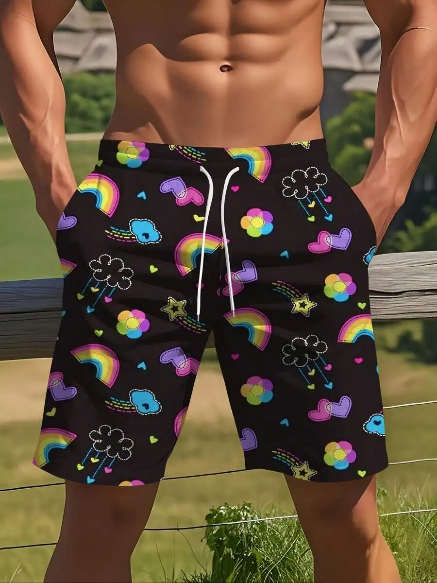 Mens 3D Printed Rainbow Floral Beach Board Shorts With Drawstring Waist