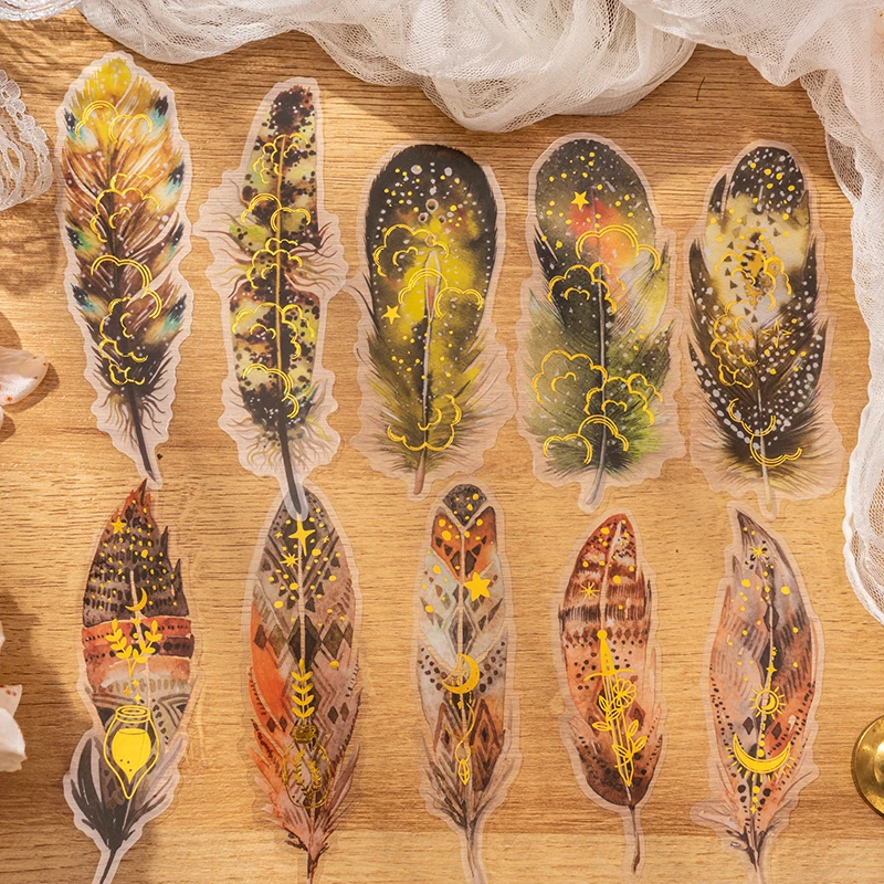 10Pcs Per Pack Feather Decorative Stickers Flash Bronzing hand account Scrapbooking Big Paper Transparent Colorful bird 190*72mm