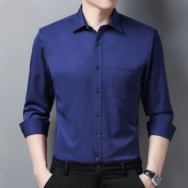 

Men's long sleeved business shirt, no ironing, breathable, elastic, smooth, casual, solid color, spring and summer shirt