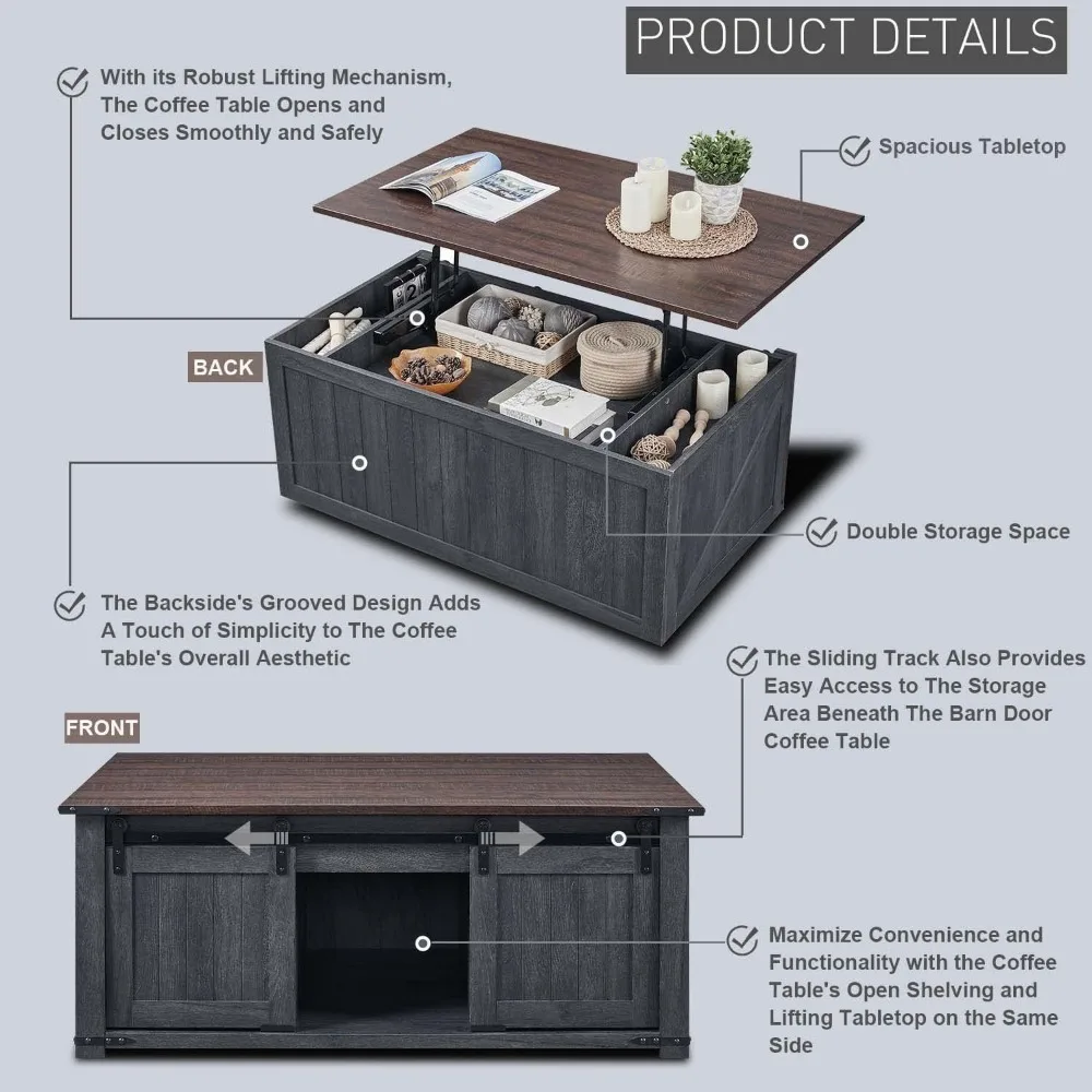 Table basse de ferme avec porte de grange à rainure market, table centrale en bois rustique avec double espaces de rangement, Cocktai élévateur, 48 po