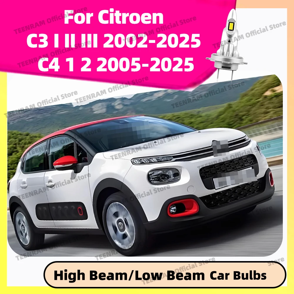 

2x LED H7 Headlights For Citroen C3 I II III 2002-2025 C4 1 2 2005-2025 2024 2023 Head Lamps 30000LM 12V Car Bulbs 1:1 Plug&Play