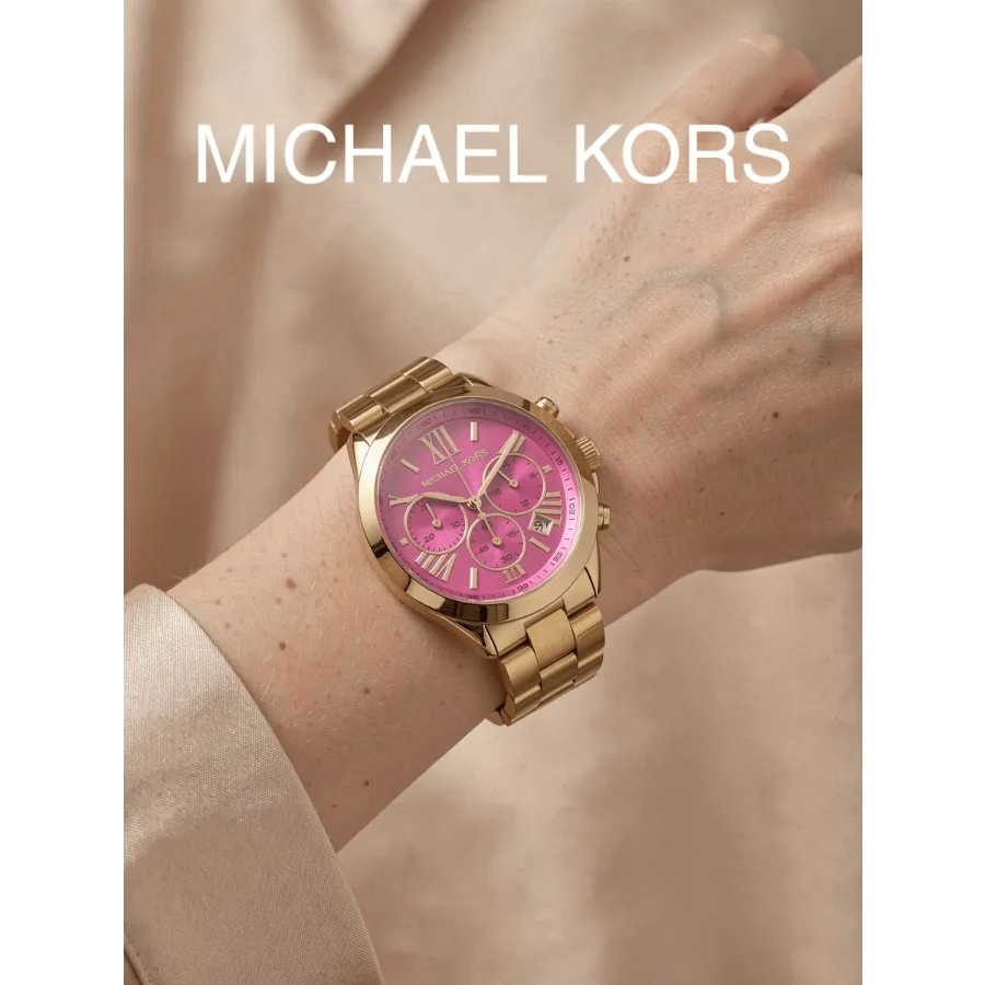 Michael Kors MK6161 Ladies Chronograph Watch, Gold-tone Stainless Steel Strap, Bright Pink Multi-function Dial Casual Wristwatch