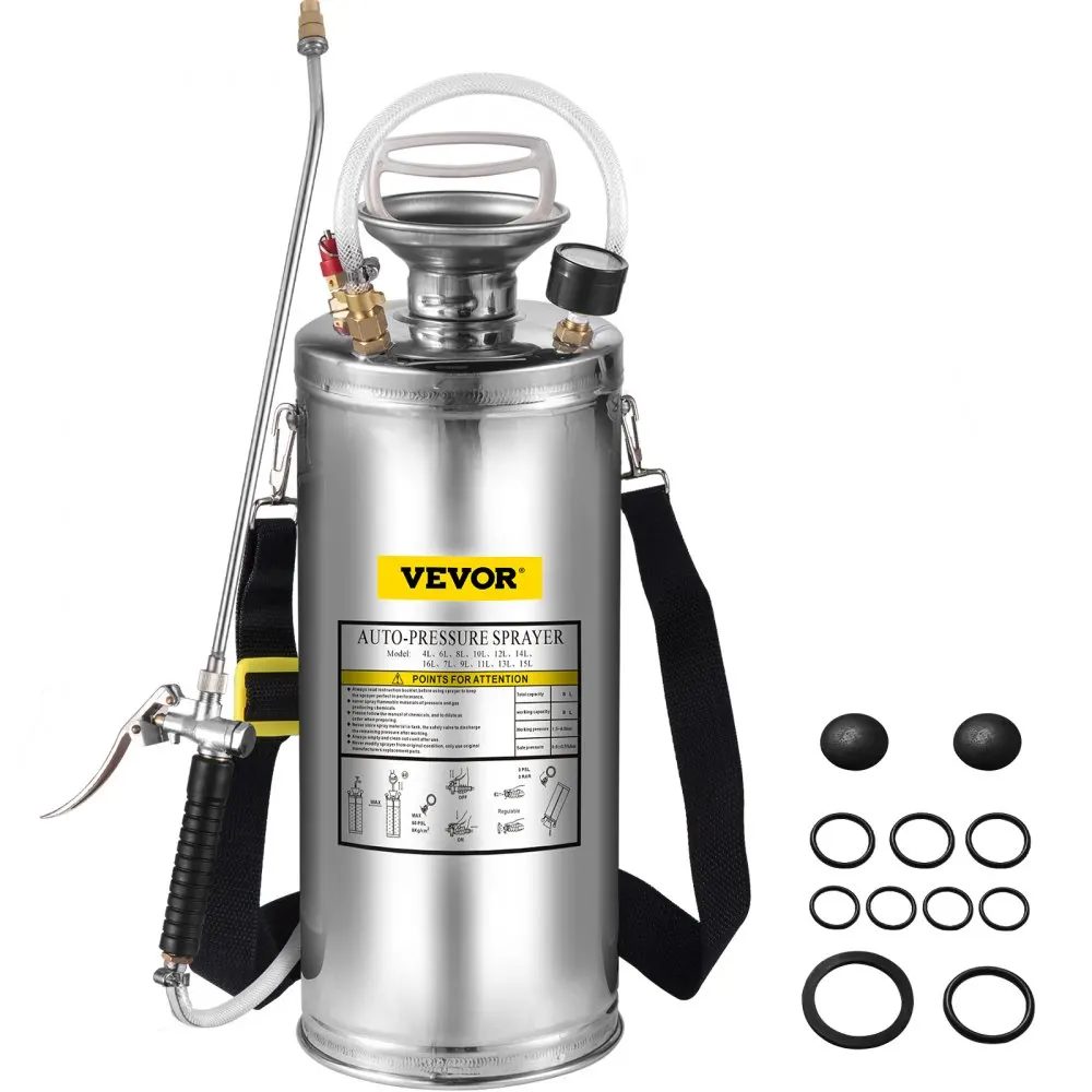 VEVOR 2Gal Stainless Steel Sprayer Hand Pump Sprayer with Pressure Gauge&Safety Valve Adjustable Nozzle for Gardening Sanitizing