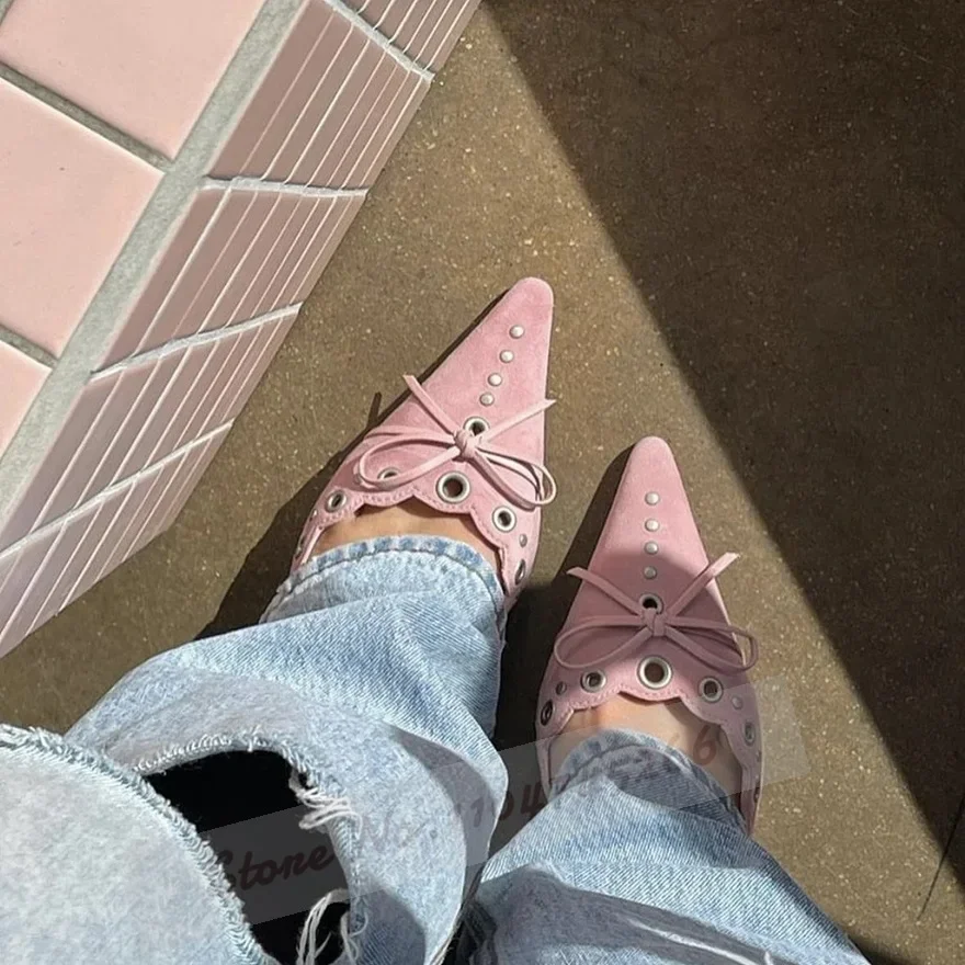 

Розовые, черные замшевые современные тапочки с острым носком и узлом-бабочкой, маленькие туфли-лодочки с круглым отверстием и галстуком-бабочкой, туфли с металлическими шипами