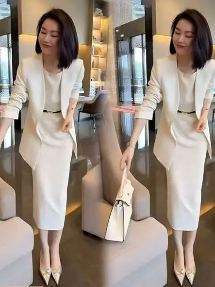 

Модный деловой костюм-двойка: пиджак и платье с длинным рукавом из полиэстера для молодых женщин 18-25 лет, весенний сезон