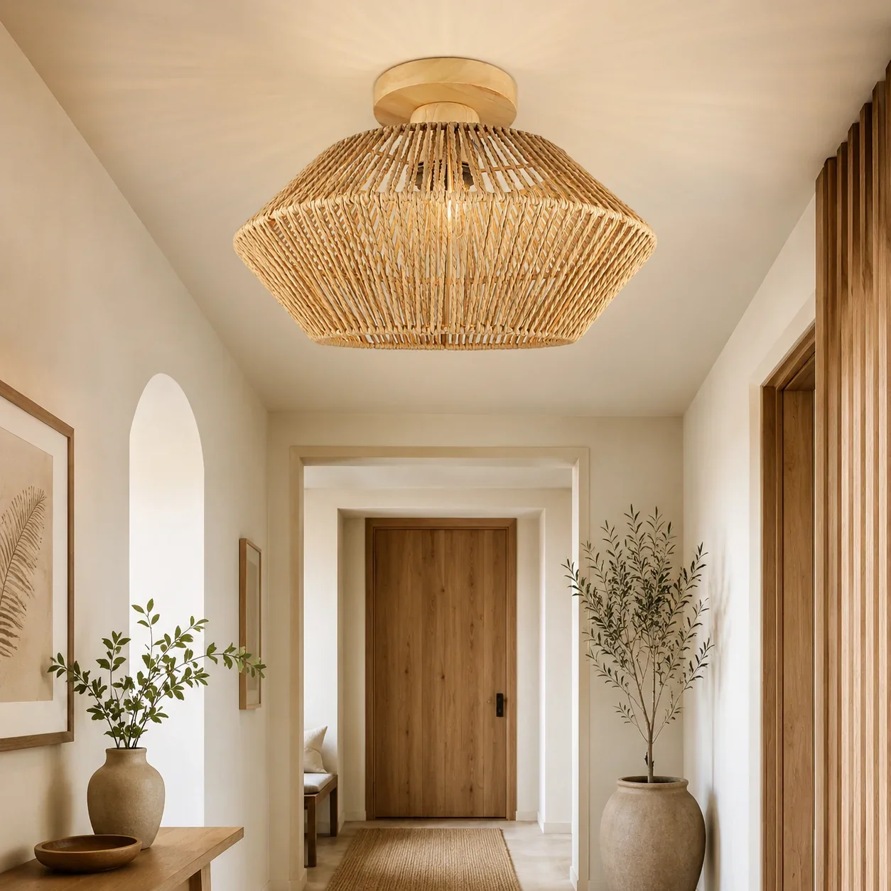 JOYINLED Scandinavian Artisan Woven Wicker Close to Ceiling Light Fixture for Study, Foyer, Living Room 32CM Beige E26 E27 Base