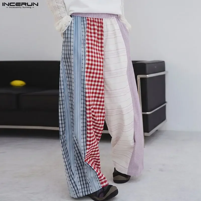 INCERUN Men's Pants Striped Plaid Patchwork Joggers Loose Casual Trousers For Man Streetwear Elastic Waist 2026 Wide Leg Pants
