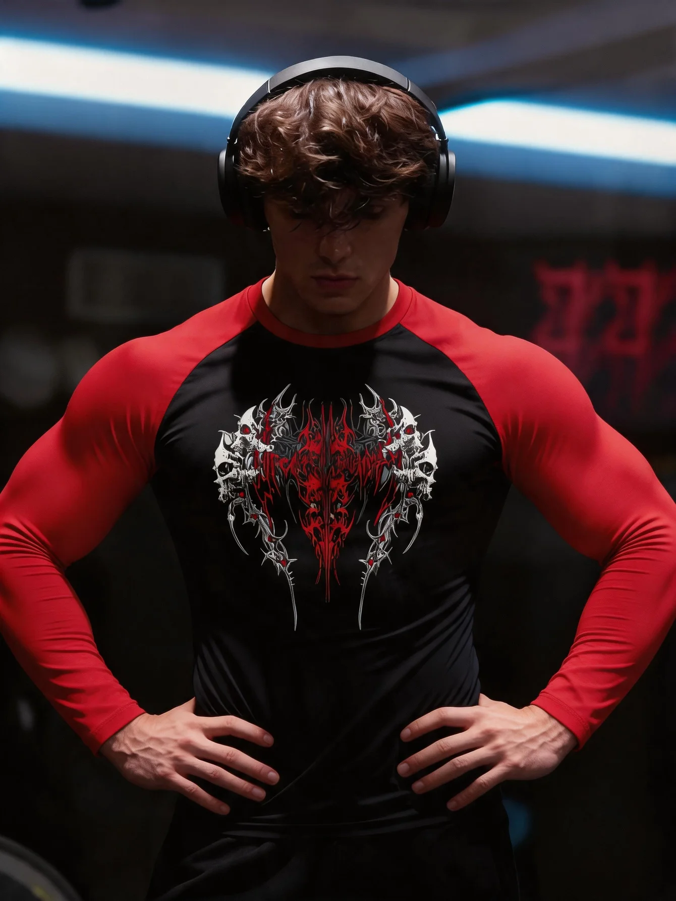Men's Biker Style Long Sleeve Gym Tee Black Red Skull Print Raglan Sleeve Bold Heavy Metal Workout Top