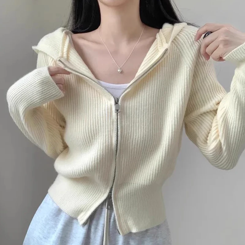 Chic Autumn Winter Knitted Sweater Jaet Women's Soft Gentle Collar Double Zipper Design Slimming Stripes Versatile Outerwear