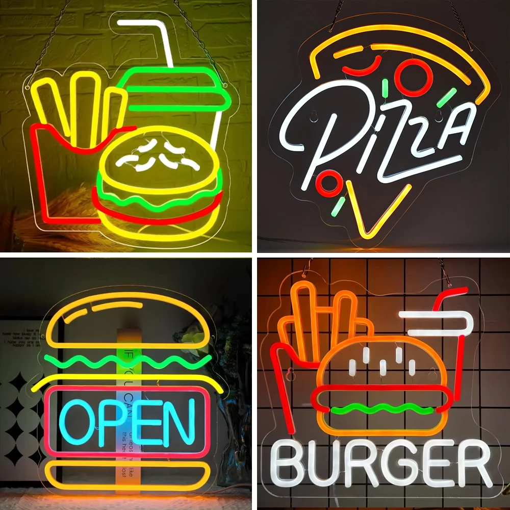 

Burgers Open Neon Sign Hamburger Neon LED Sign Fast Food Business Opening Room Decoration For Restaurant Kitchen Party Wall Lamp