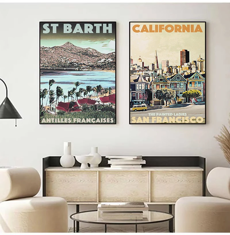 خمر مدينة السفر سان فرانسيسكو أوكلاند طبيعة المشهد المشارك حائط لوح رسم الفن صور ديكور المنزل النوم غرفة نوم #3