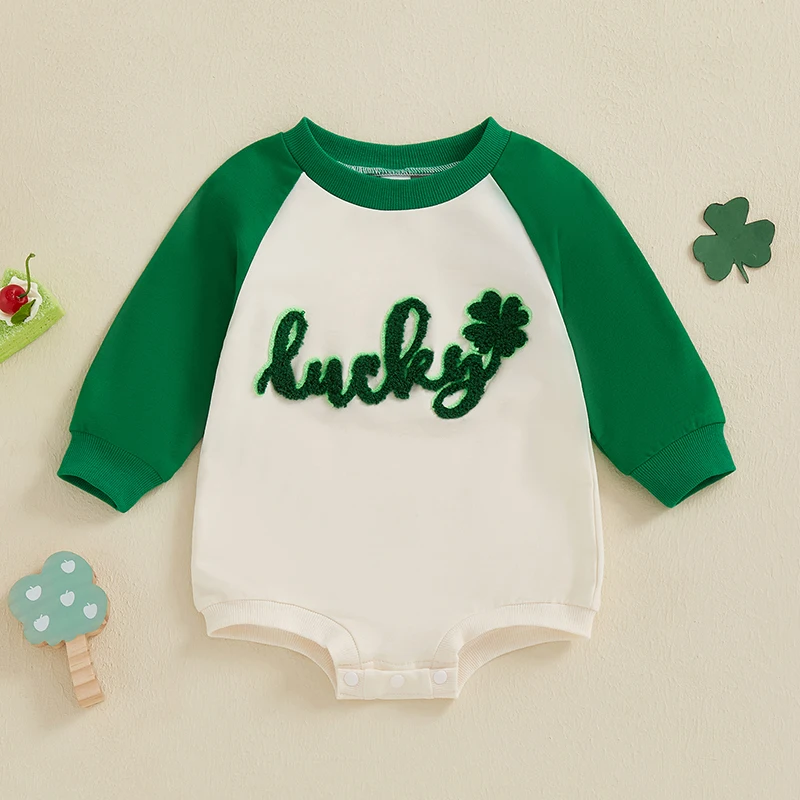 2024-09-26Lioraitiin Baby Boys St. Patrick's Day Sweatshirt Romper Shamrock Letter Embroidery Long Sleeve O-Neck Bubble Jumpsuit