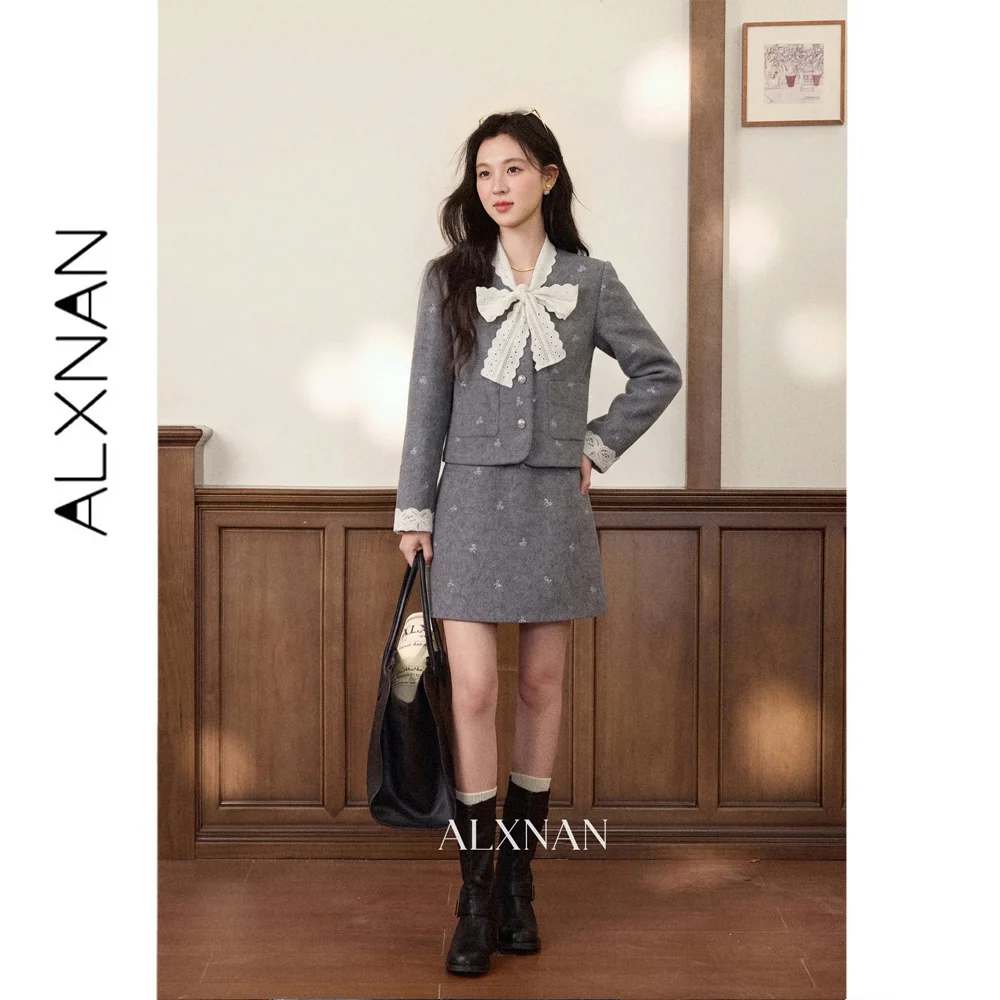 ALXNAN Women's Grey Bow Lace Trim Blazer Jacket Button Front Short Coat Slimming Versatile Commuter Autumn 2026 L681135A