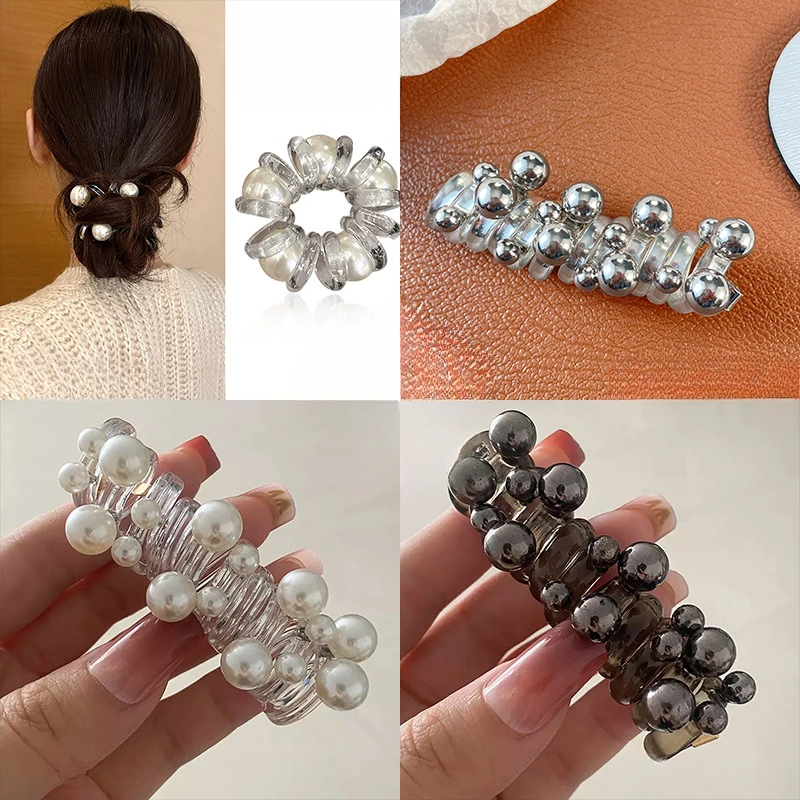 Fashion Pearl Telephone Wire Elastic Hair Band Bubble Braid Pearl Phone Cord Hair Tie Hair Accessories Spiral Rubber Bands Women