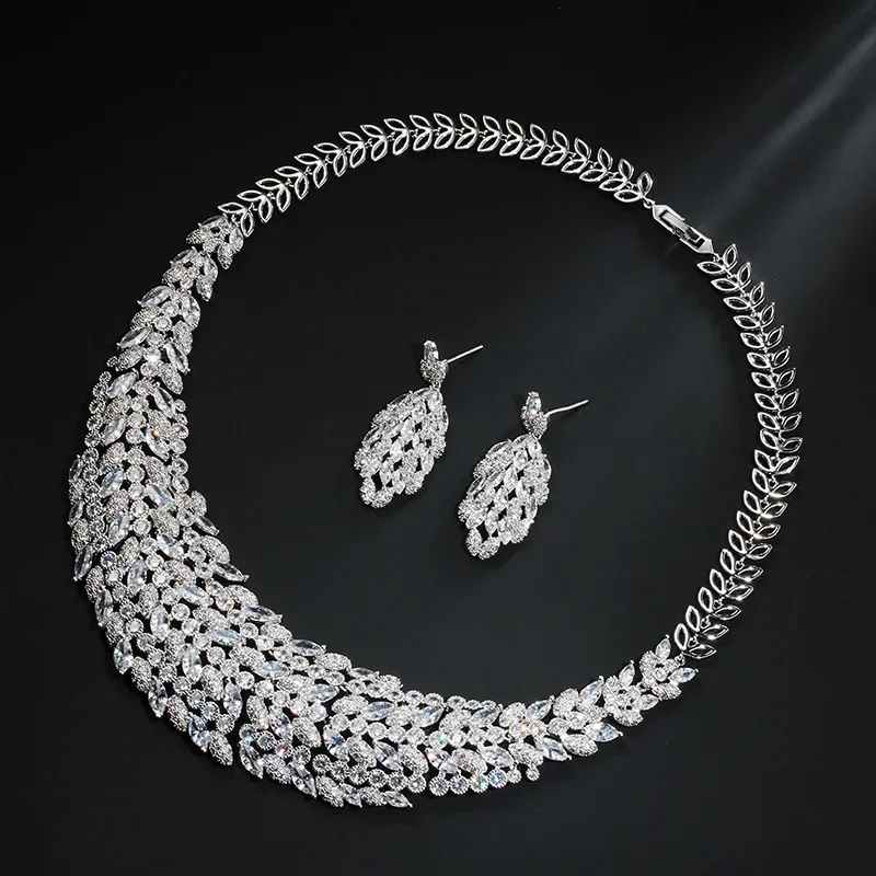 

Vintage Leaves Lab Diamond Jewelry set 14K White Gold Wedding Rings Earrings Necklace For Women Bridal Engagement Jewelry Gift