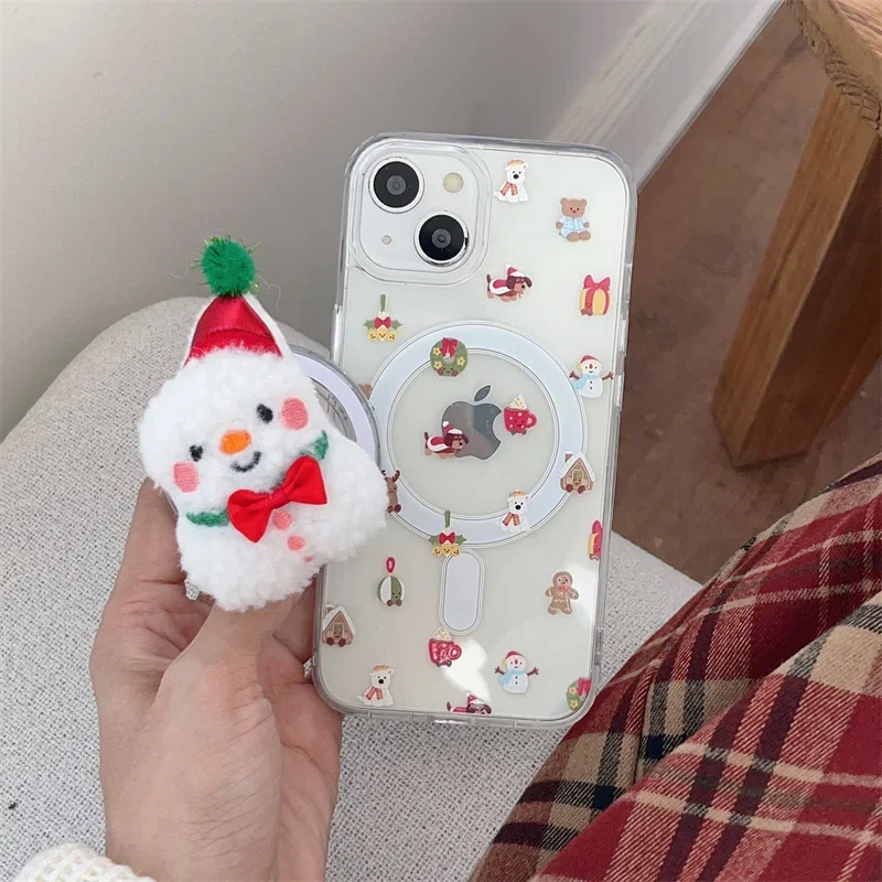 Plush Christmas Snowman Santa Claus Transparent Phone Case For iPhone 16 1514 13 12 11 Pro Max Phone Grip Holder Socket Pocket