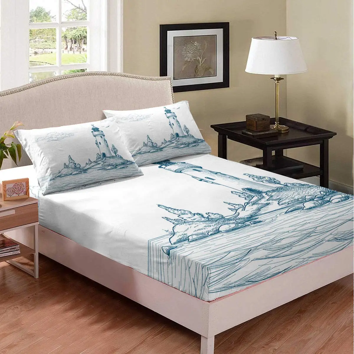 Lighthouse Fitted Sheet Nautical Bedding Set Sea Wave Surfing Seagull Sea Landscape Bed Set Mountain Leaves Branches Bed Cover