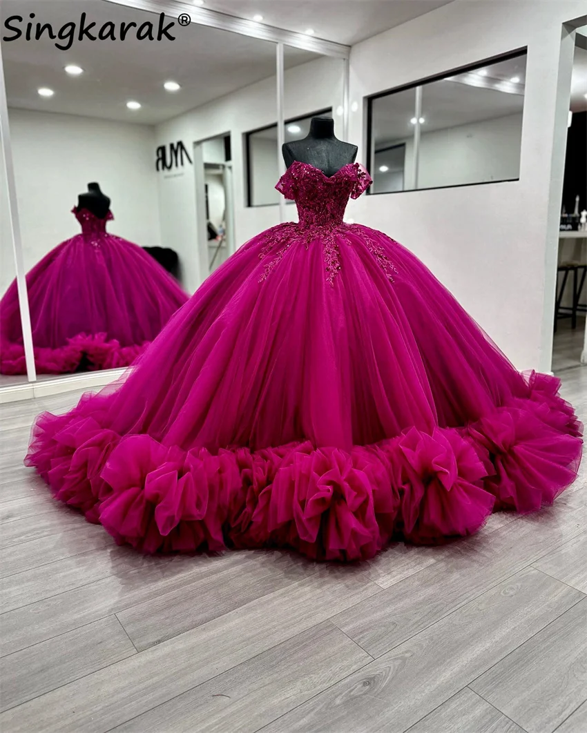 

Новое дизайнерское платье принцессы, фуксия, платье Quinceanera, платье с бусинами, кристаллами, многоярусными оборками, 15-й день рождения, конфетное платье 16, бальное платье