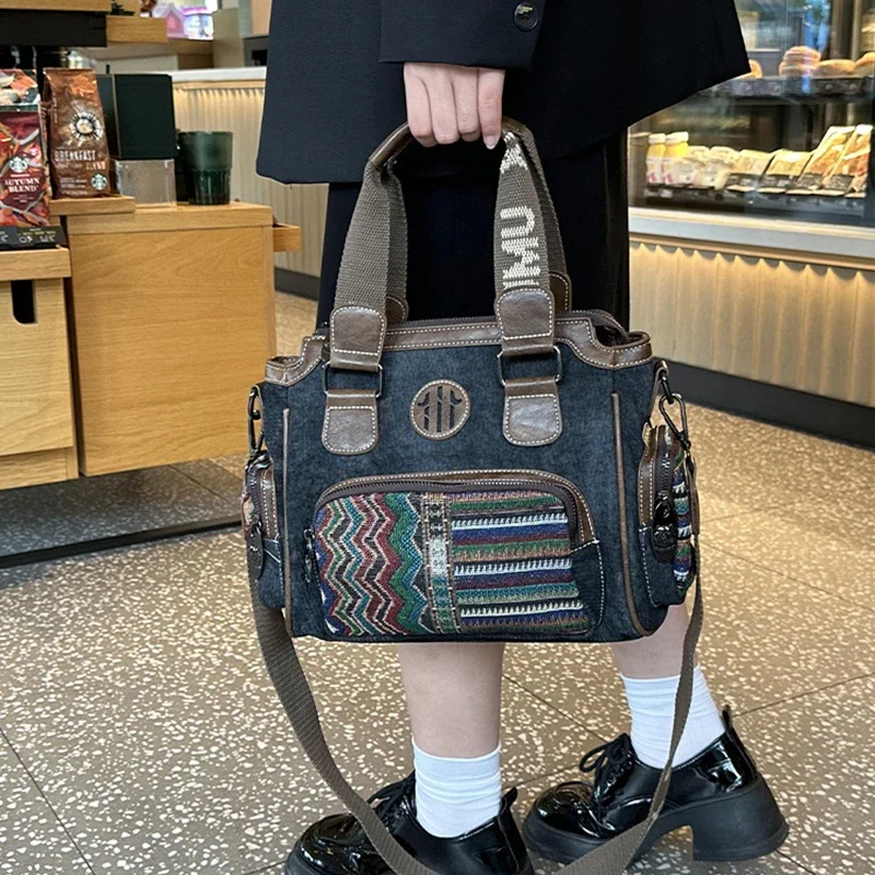 

Кожаная сумка через плечо с холщовой сумкой, новые ретро-сумки для женщин, повседневная прогулка с модной женской сумкой через плечо