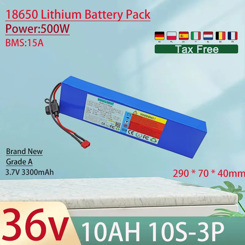 36V 10Ah 18650 10S3P Lithium Ion Battery Pack 500W Power Tool Batteries Outdoor Backup Batteries With 15A BMS