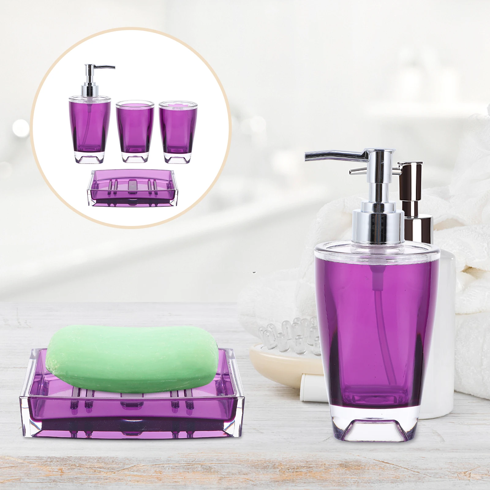 

Bathroom 4 Piece Set Purple Lotion Bottle Toothbrush Holder Soap Dish Toothpaste Dispenser Mouthwash Cup Tidy Bath