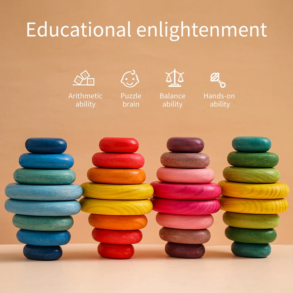 Blocchi di costruzione di pietre arcobaleno in legno per bambini Giocattoli colorati Blocchi di costruzione in legno per bambini Impilatore Giochi di bilanciamento Giocattoli Regali