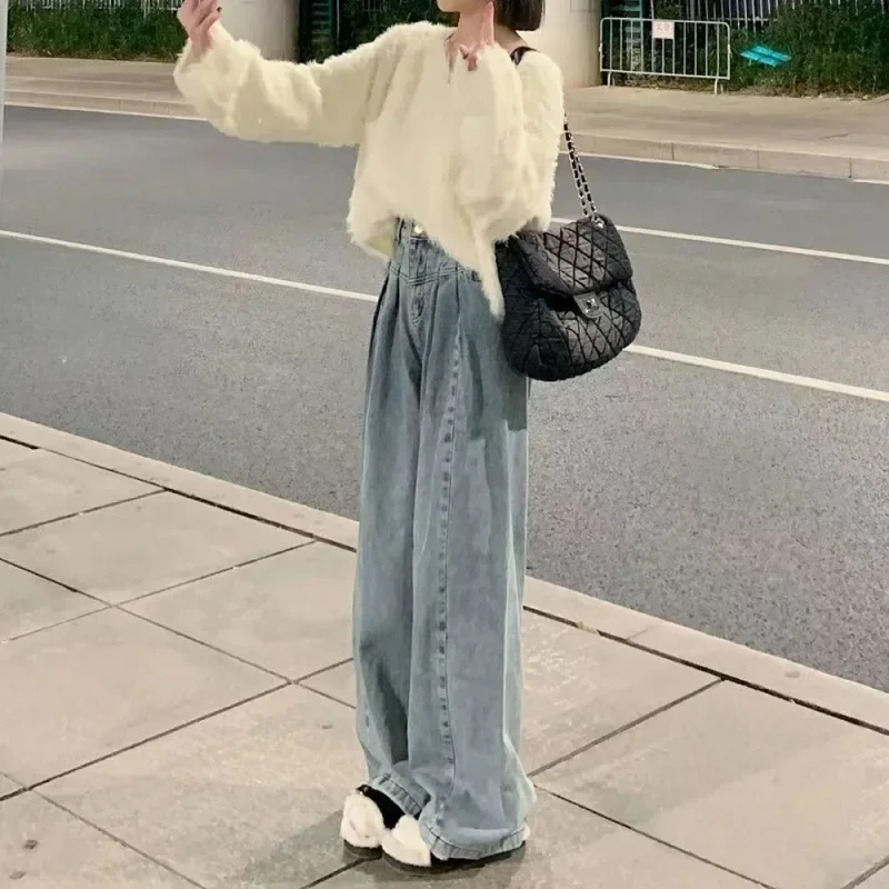Vintage Blau Denim Breite Bein Hosen Frauen Koreanische Hohe Taille Lose Gerade Jeans Frau Herbst Winter Streetwear Hosen