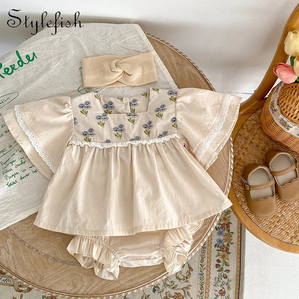 INS Summer Baby and Children's Speaker Bubble Short Sleeve Square Neck Top+Wooden Ear Edge Wrap Bottom Pants Two Piece Set