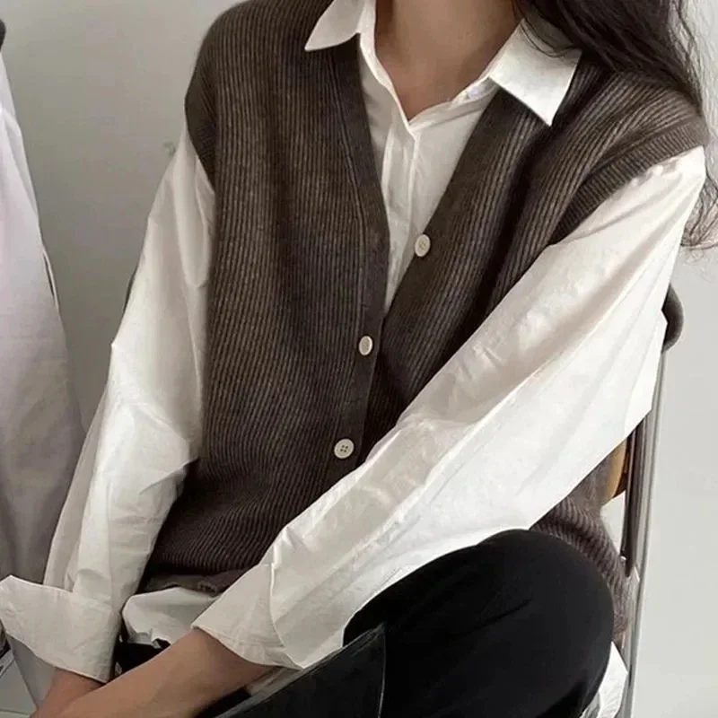 

CLEARANCE Knitted Vests Office Ladies Japanese Style V-Neck Button Cardigans Coats Women's Spring Fall Elegant Sweater Vest