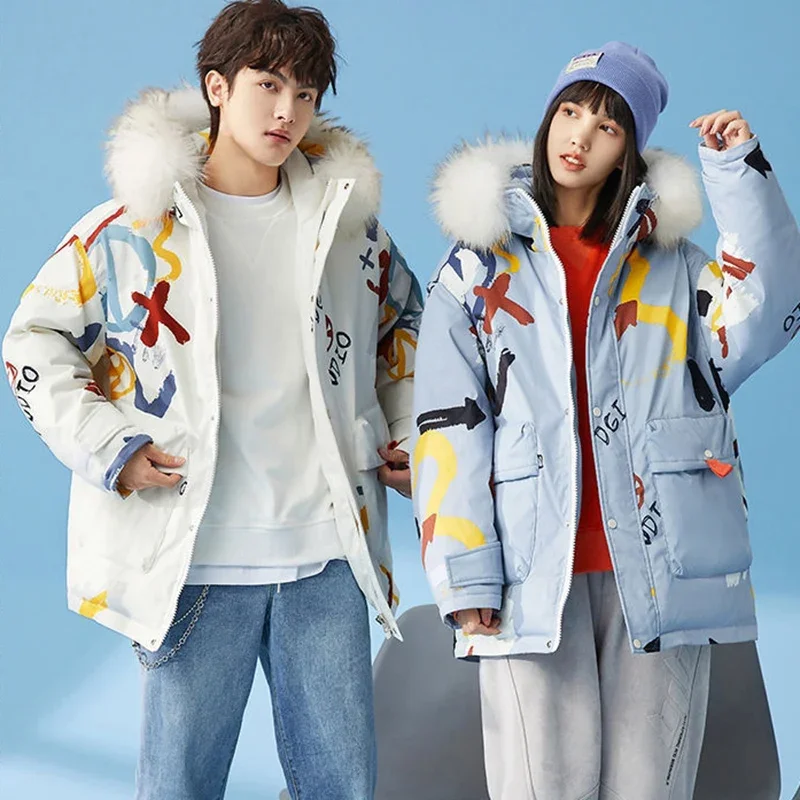 ใหม่แฟชั่นพิมพ์ลงเสื้อแจ็คเก็ตสตรี Hooded Parka Overcoat คู่สวมใส่ฤดูหนาวเย็น WARM 90% เป็ดสีขาวลงแจ็คเก็ต 100 กก.