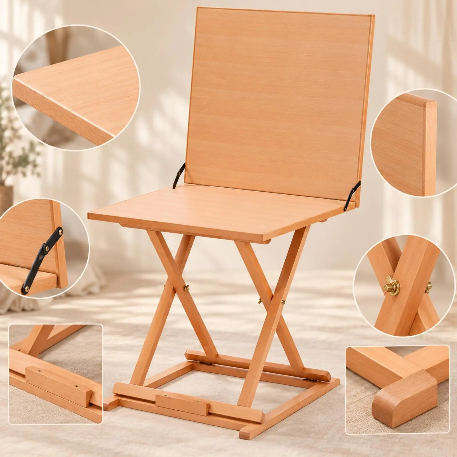 Portable Folding Drawing Desk Beechwood Art Table for Sketching Display Stand with Hinges