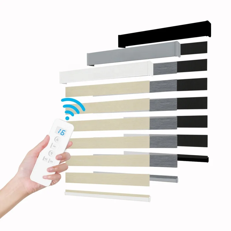 Más vendidos, profesional, personalizado, de doble capa, impermeable, 100%, tela opaca, control remoto, ciego de cebra automático para el hogar