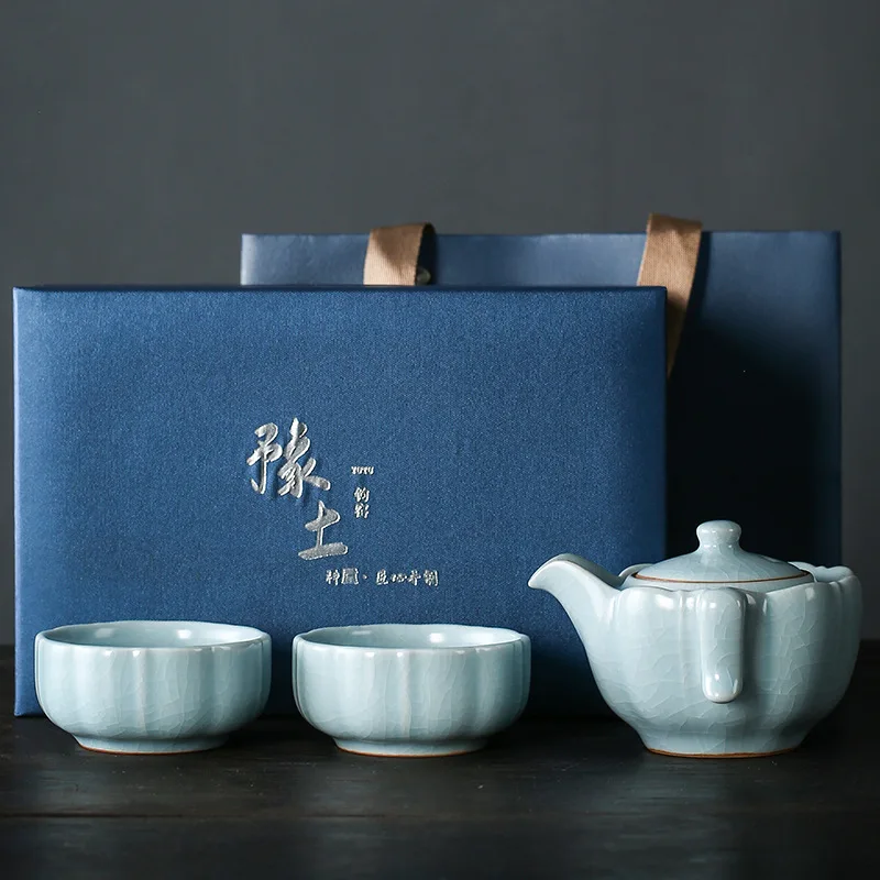 

Ru Kiln Convenient Tea Cup Set Gift Box One Pot Two Cups Portable Travel Kung Fu Hand