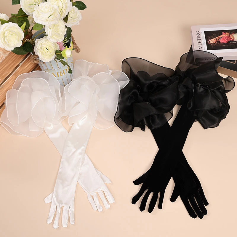 Elegant Velvet Long Gloves with Mesh Ruffles Solid Color Women's Bridal Wedding Party Dress Etiquette Hand Sleeves  Long Gloves